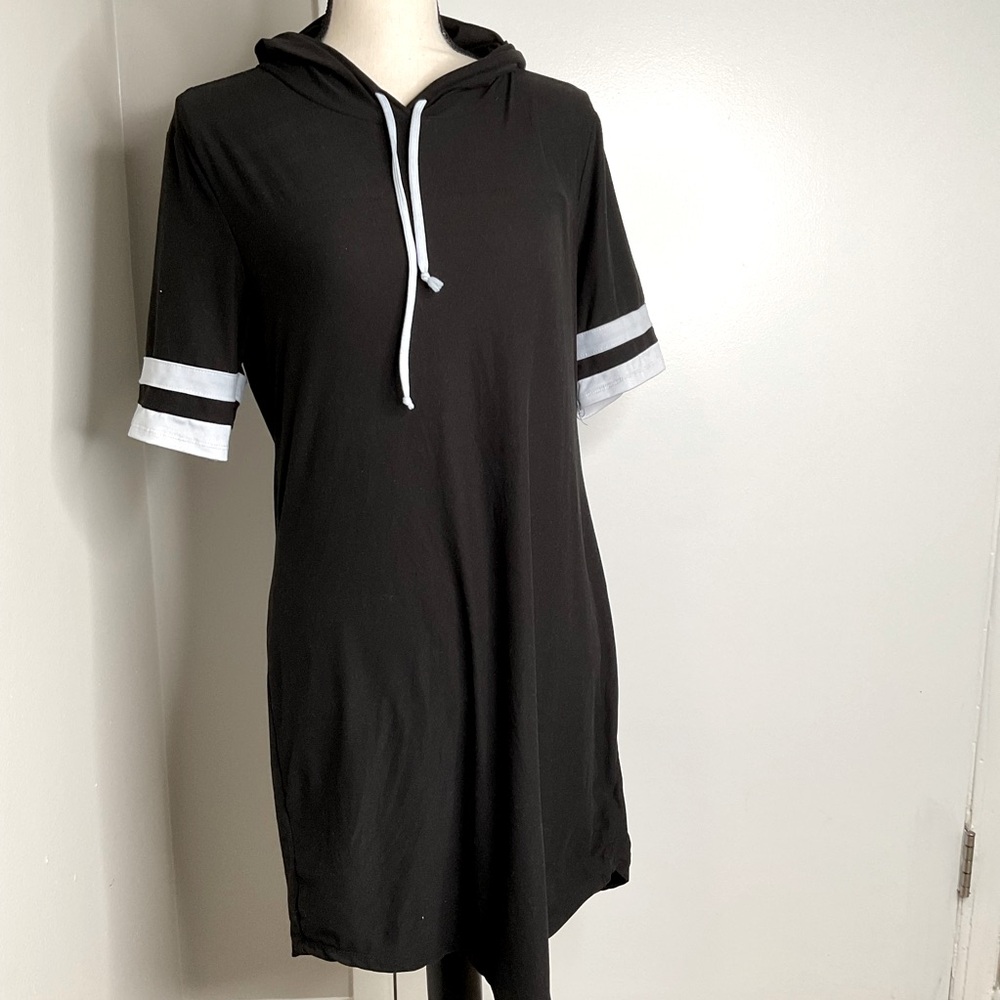 Black Hooded Dress with White Accents